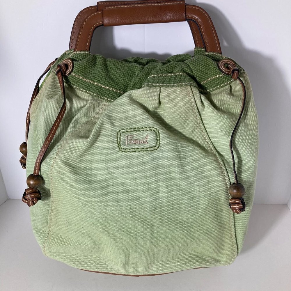 Womens Vintage Fossil Canvas Handbag Leather‎ Handles Green 12 x 15" Fade